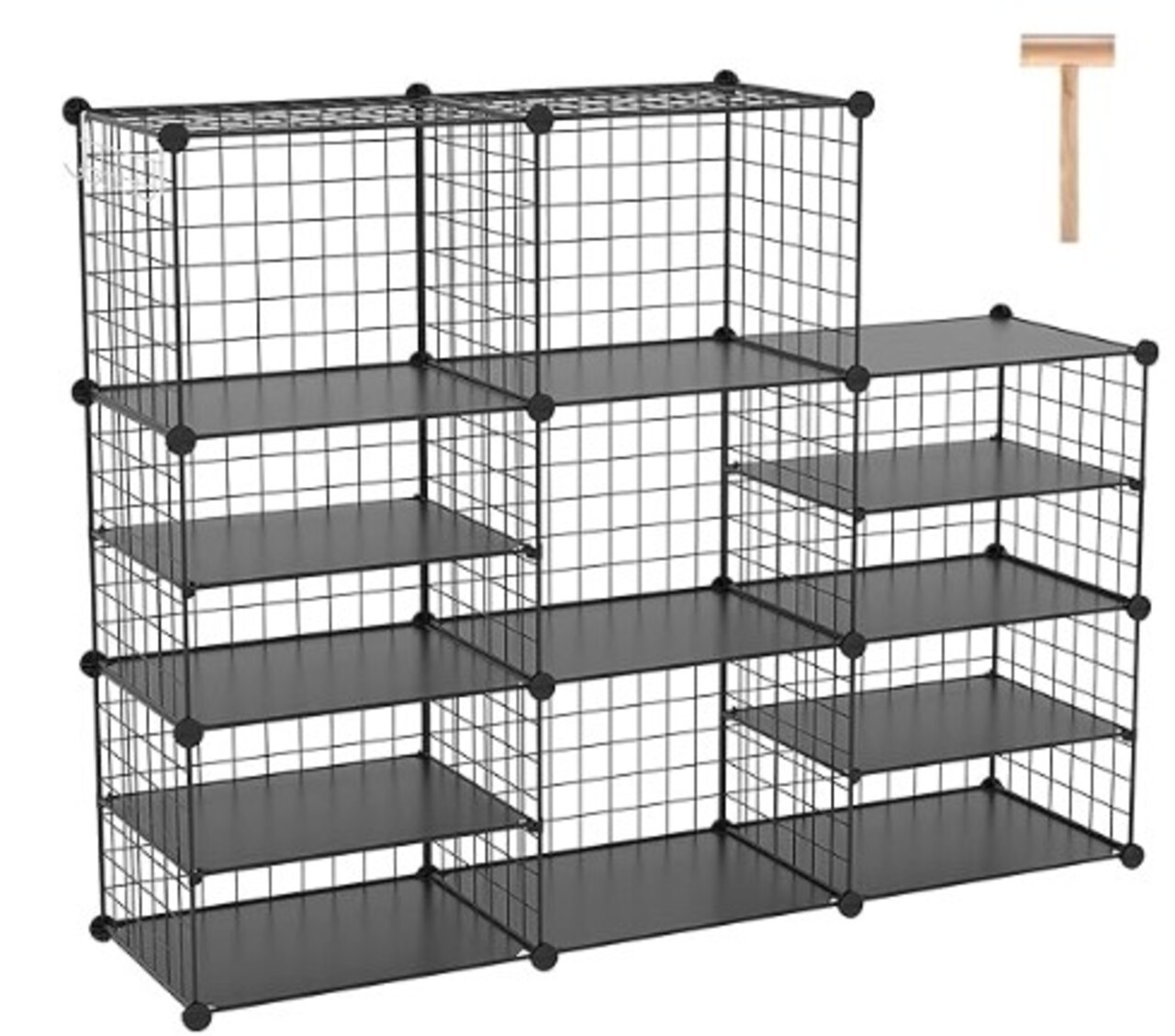 Interlocking Metal Wire Organiser with Divider Design, Modular Cabinet with Plastic Panels, Bookshelf Stackable Closet Organiser with Small Hooks, Black Wire Cube Storage Unit
